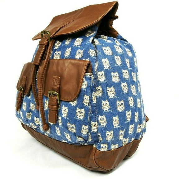 OWL Print Canvas Backpack Faux Leather Trim - Picture 2 of 8